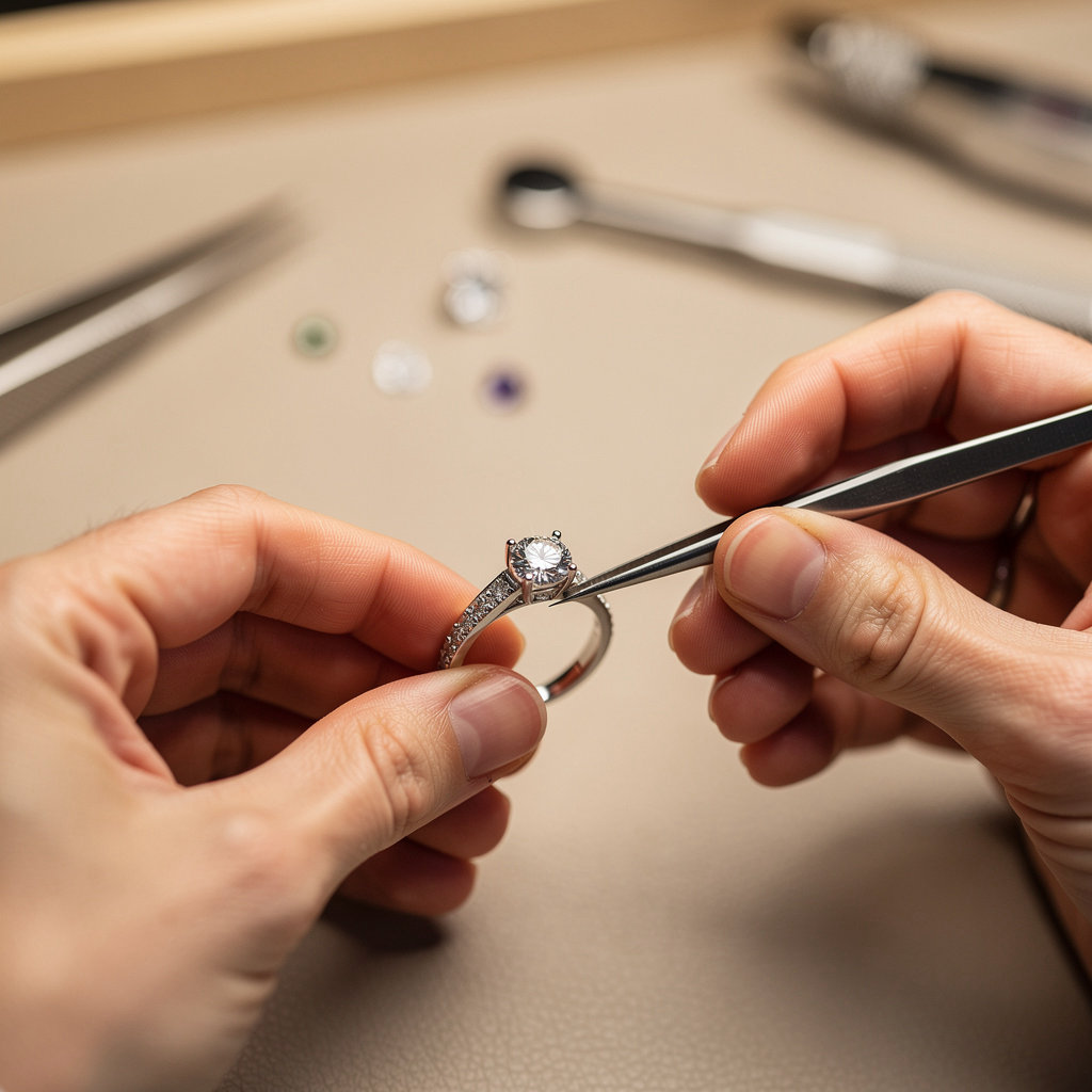 Bali Fine Jewelry expert examining a fine jewelry piece for repair or sale in San Diego